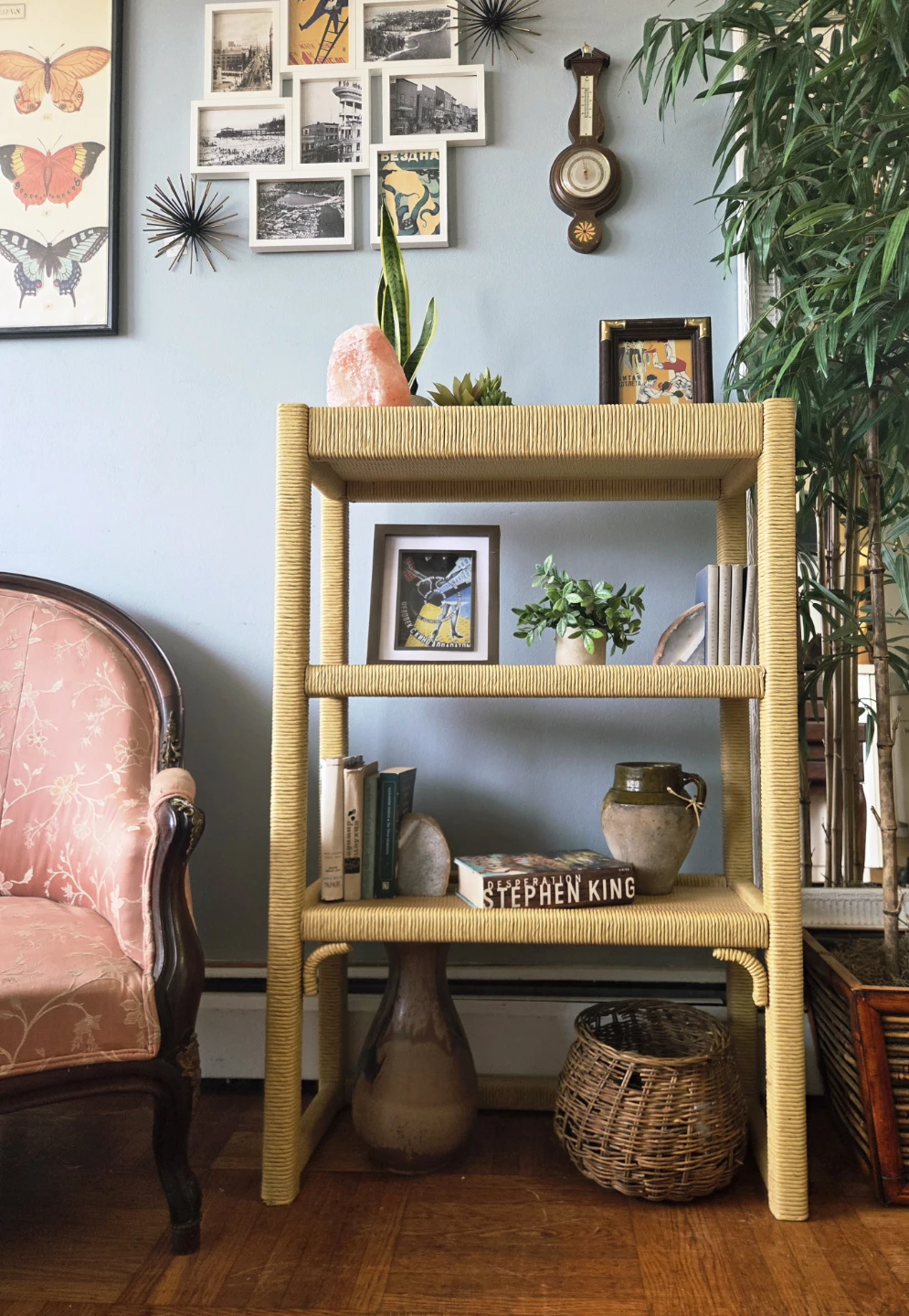 Vintage Slim Three Tier Solid Wood Construction  Rattan Bookcase - photo 5