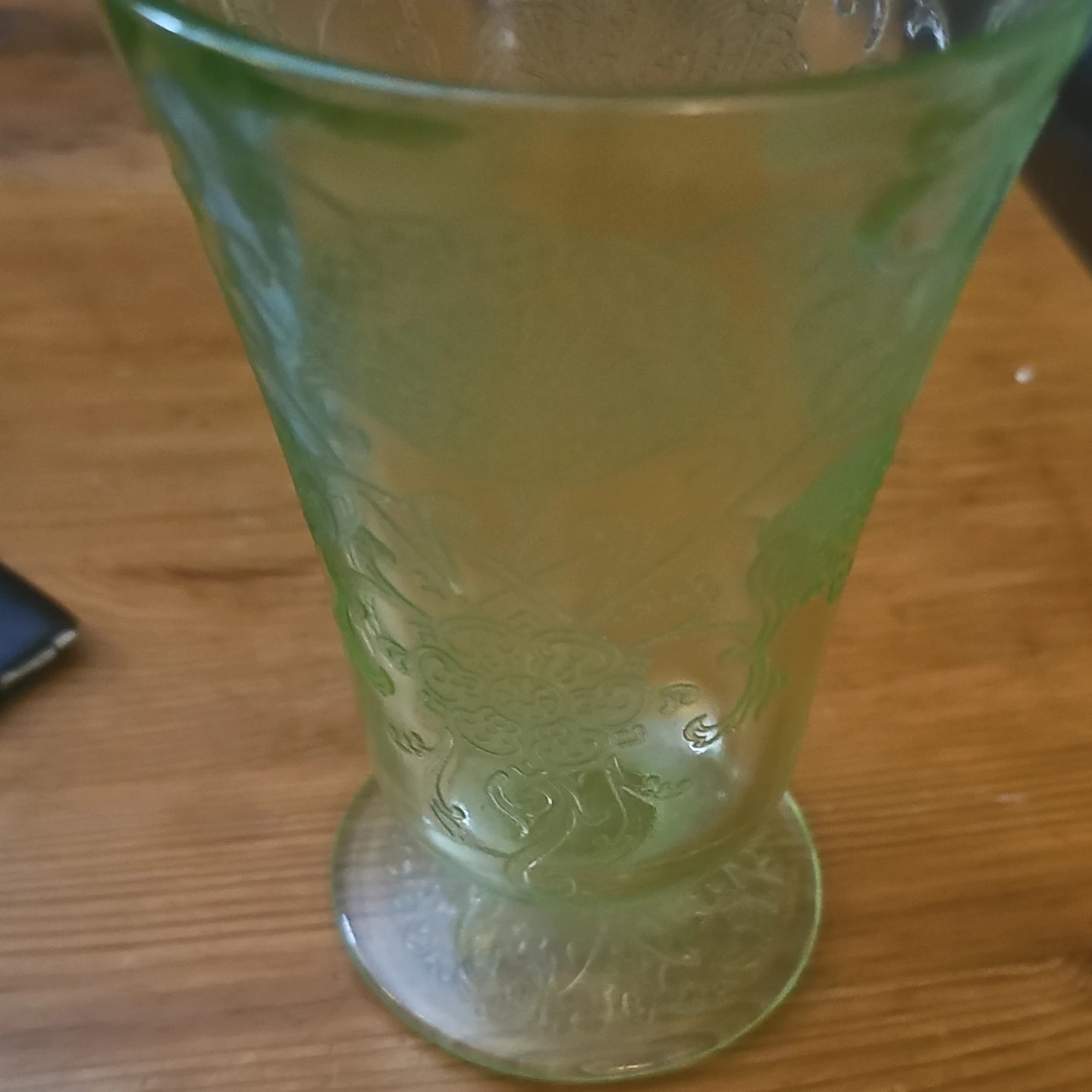 Green Glass Vase with Embossed Floral Design