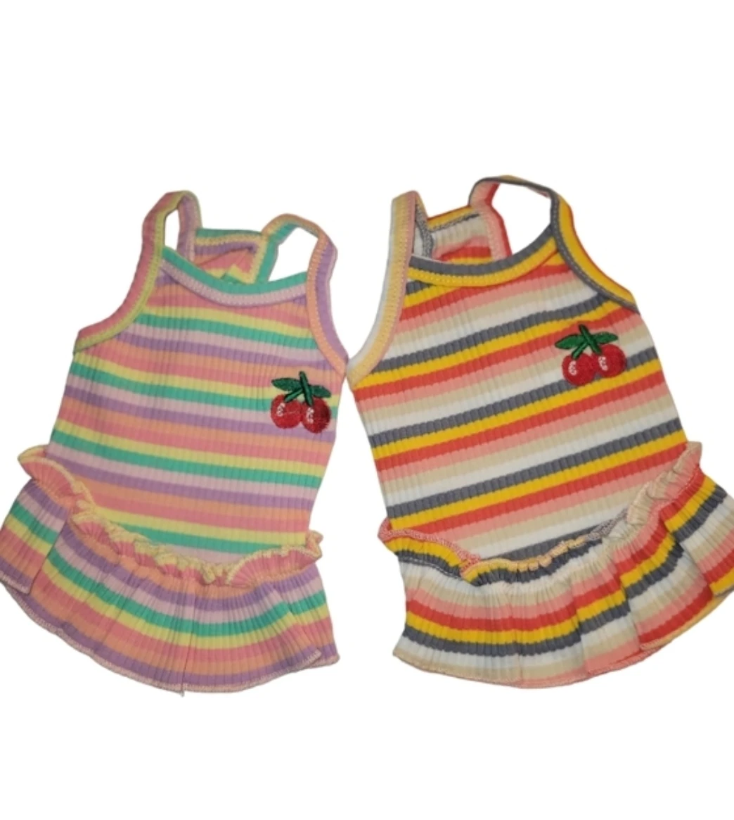 2 Striped Dog Dresses with cherry logo