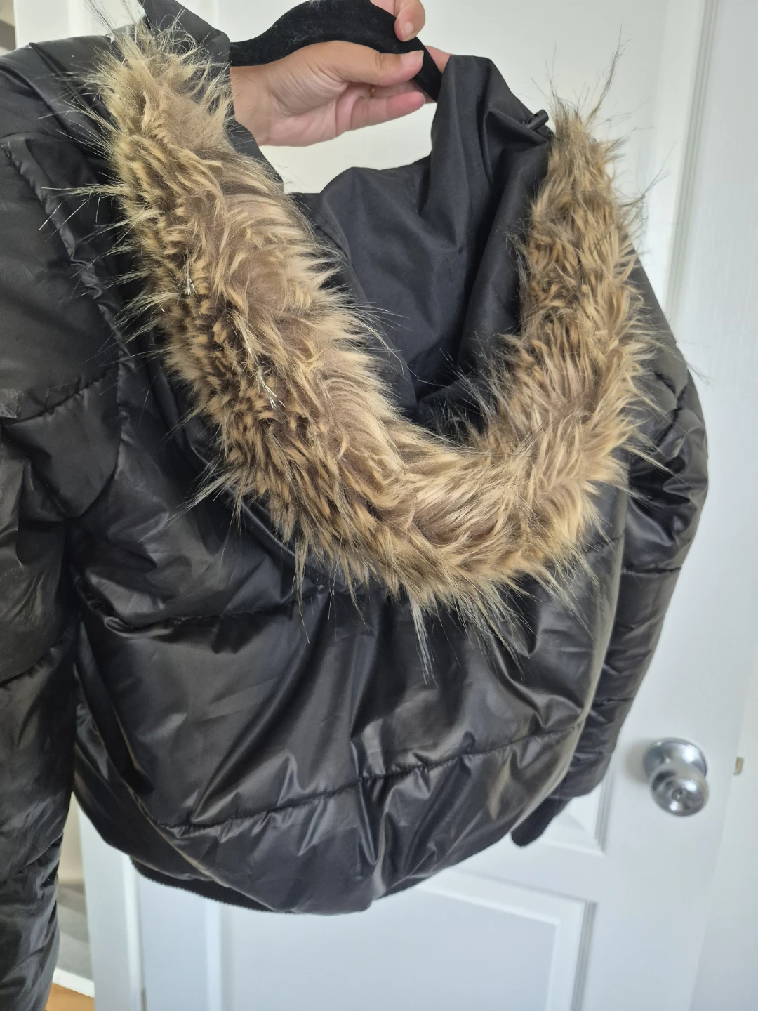 Black Puffer Bomber Jacket with Fur Hood