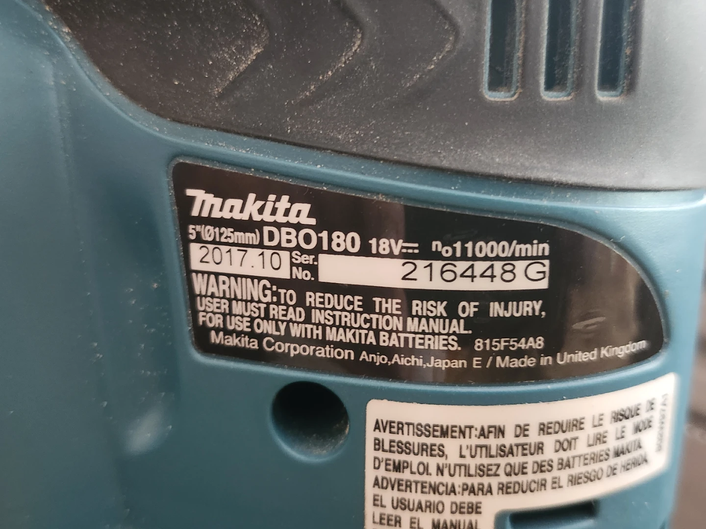 MakitaDBO180 18V Cordless Random Orbit Sander 5" Disc - photo 2