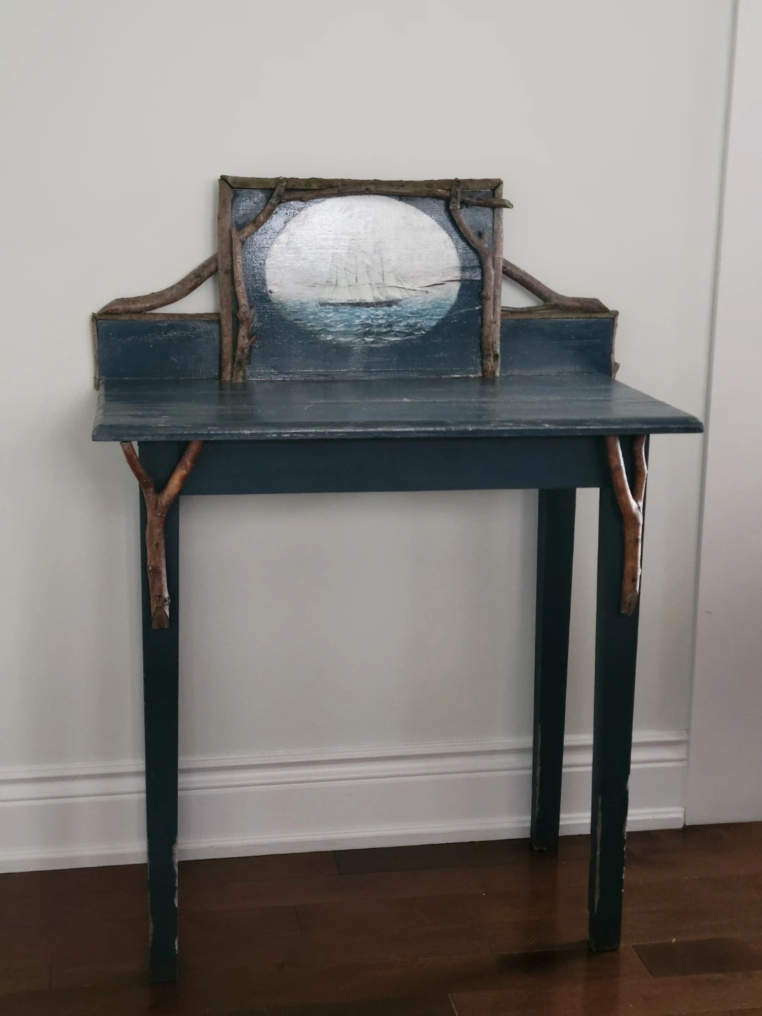 Original Painting on Rustic Coastal Wood Entryway Table. Desk.