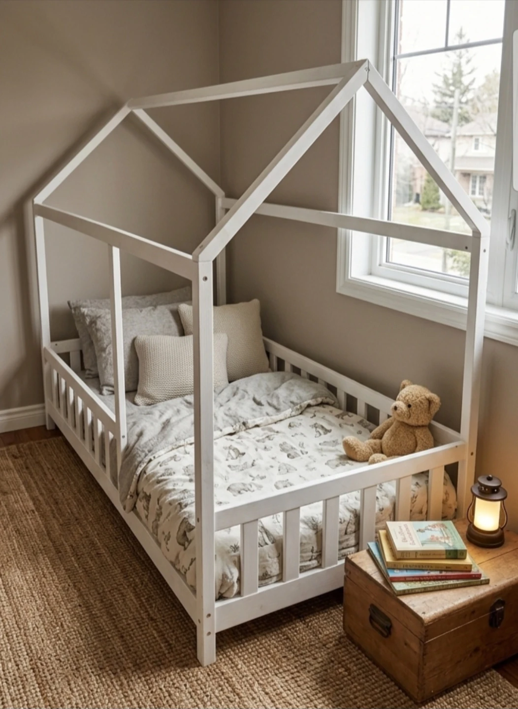 White wooden Montessori house bed frame