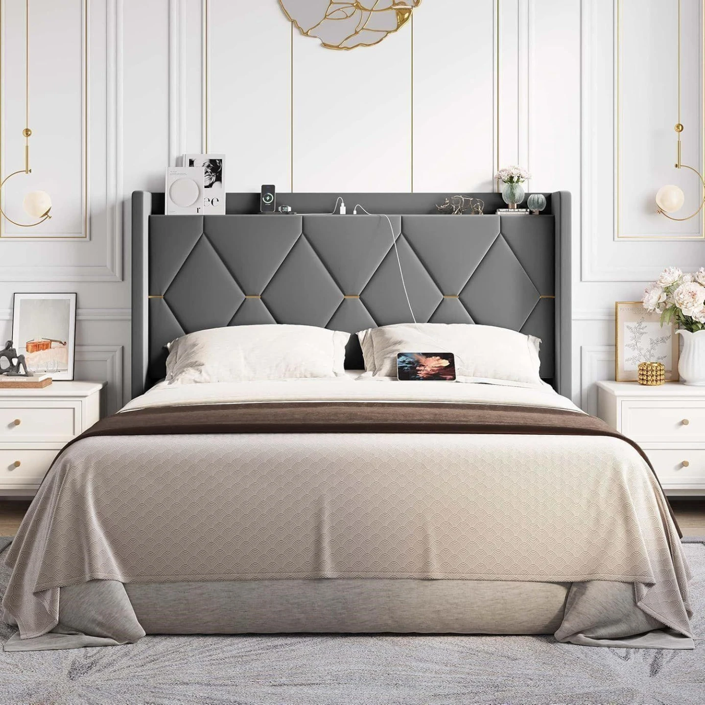 Allewie BNIB Grey Velvet Queen Bed Frame