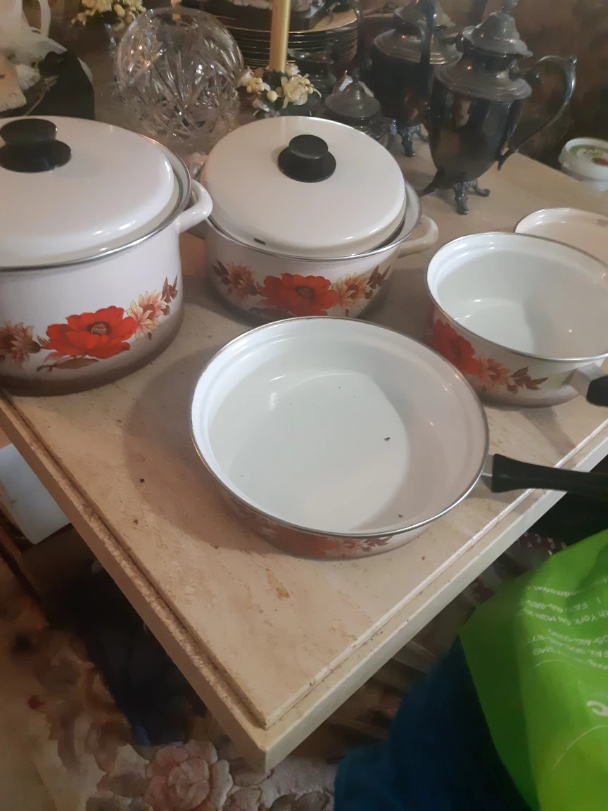 Vintage Enamelware Pots with Floral Design