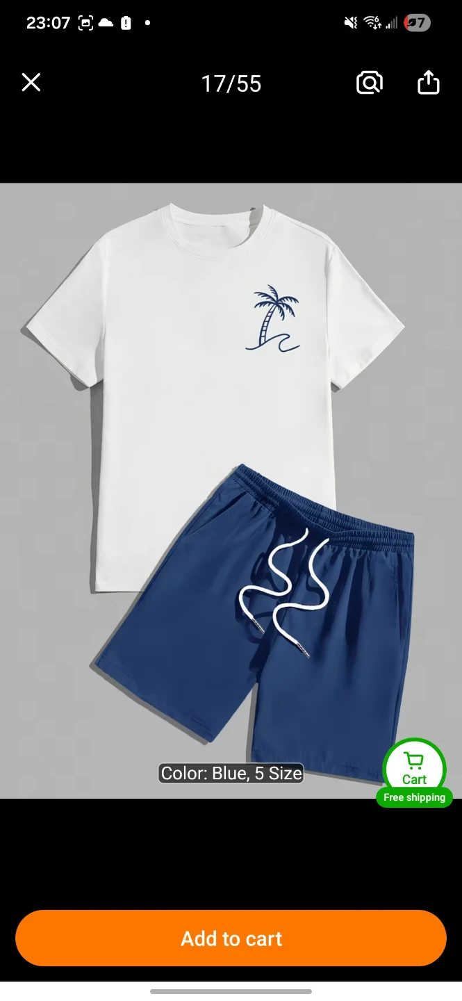 Blue T-Shirt and Shorts Set with Palm Tree Design