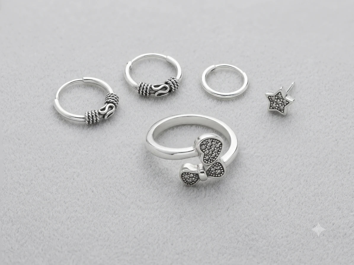 Fine silver hoops and 925 Sterling silver ring and a stud