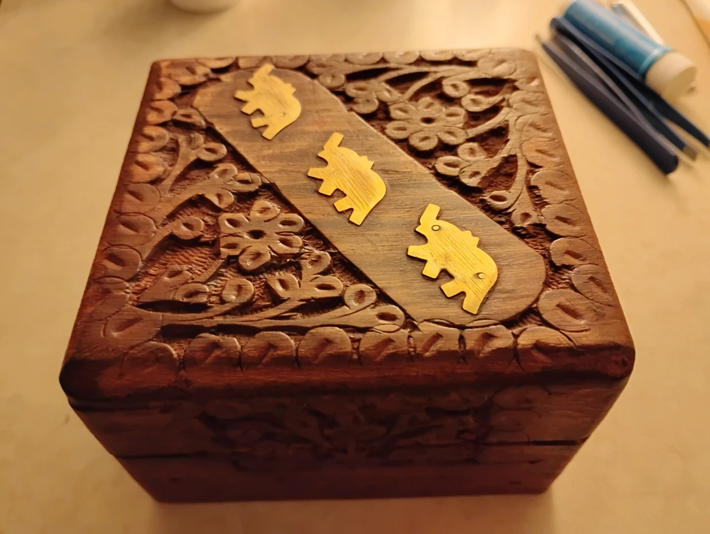 Carved Wooden Trinket Box with Elephants - photo 4
