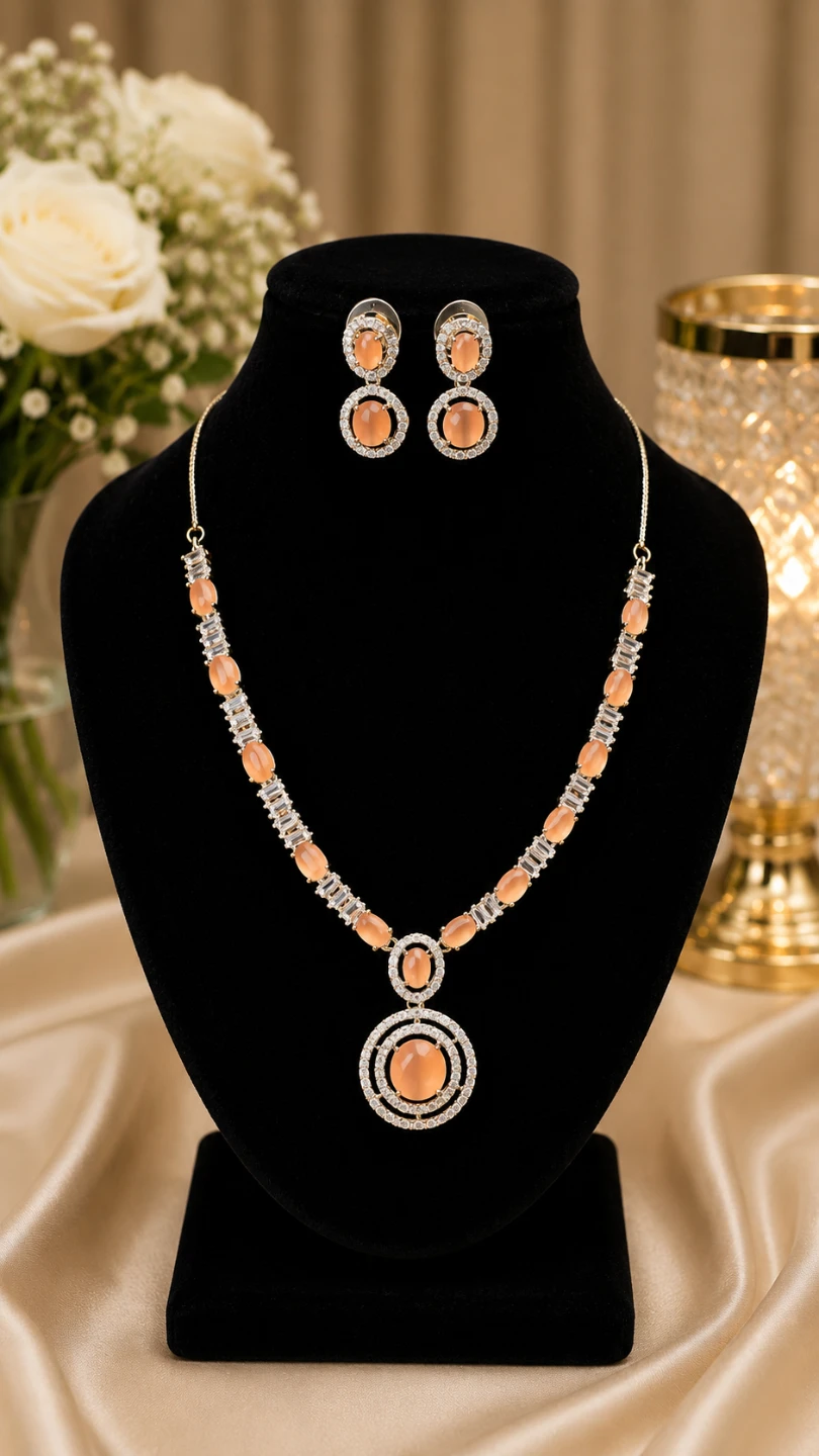 Peach and Crystal Necklace and Earring Set