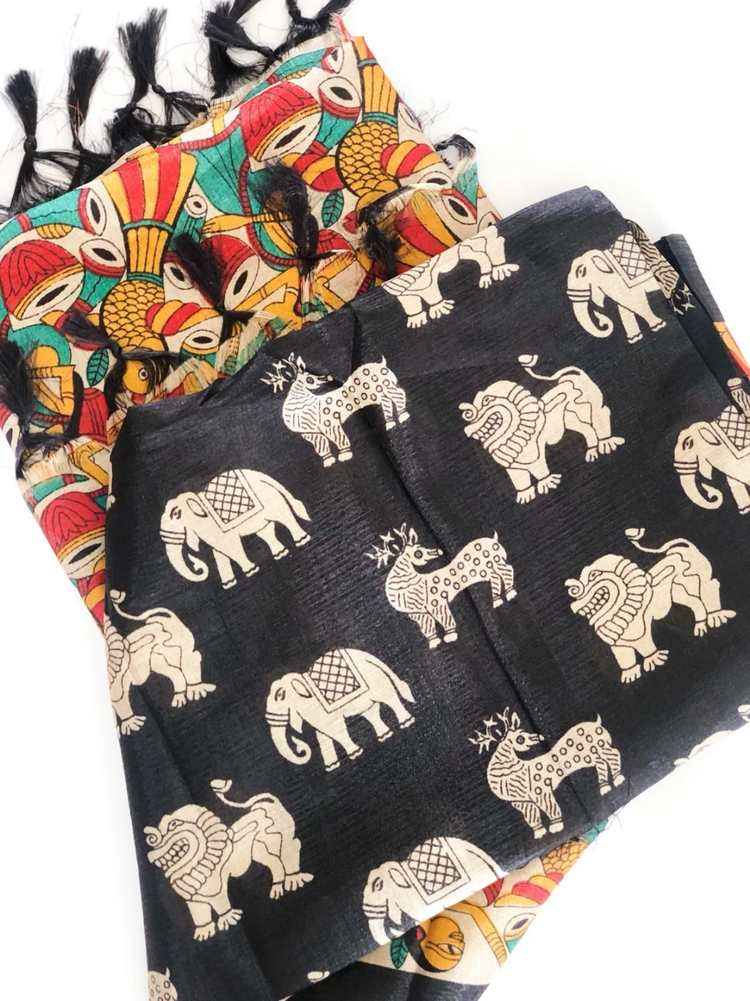 Kalamkari Print Scarf with Elephants and Folk Art