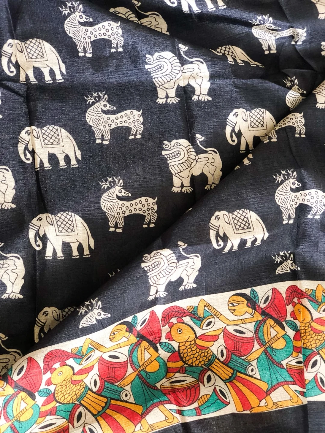 Kalamkari Print Scarf with Elephants and Folk Art - photo 2