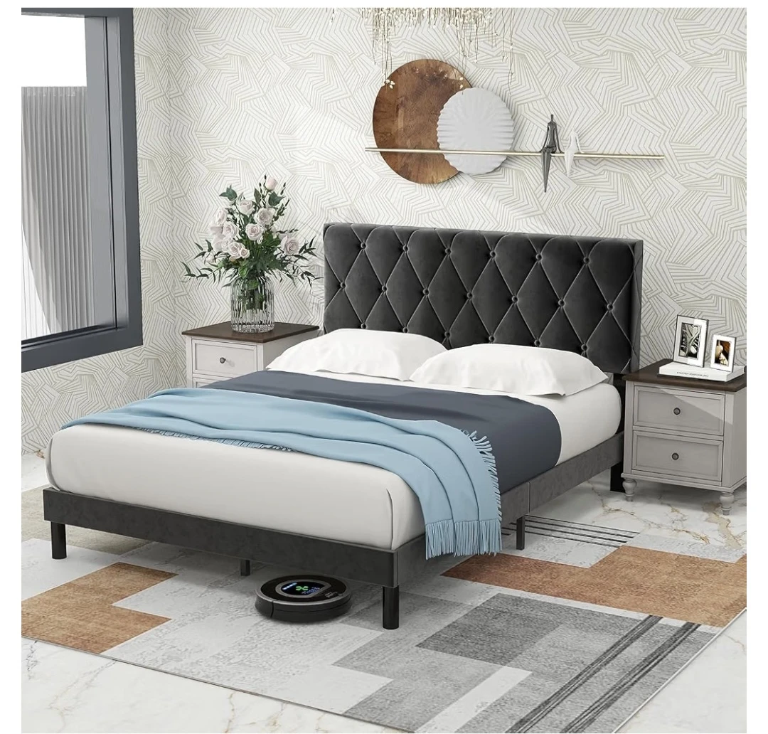 Grey Tufted Velvet Queen Bed Frame