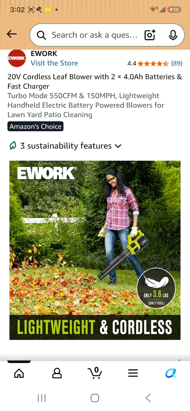 EWORK 20V Cordless Leaf Blower Kit with 2 Batteries - photo 3