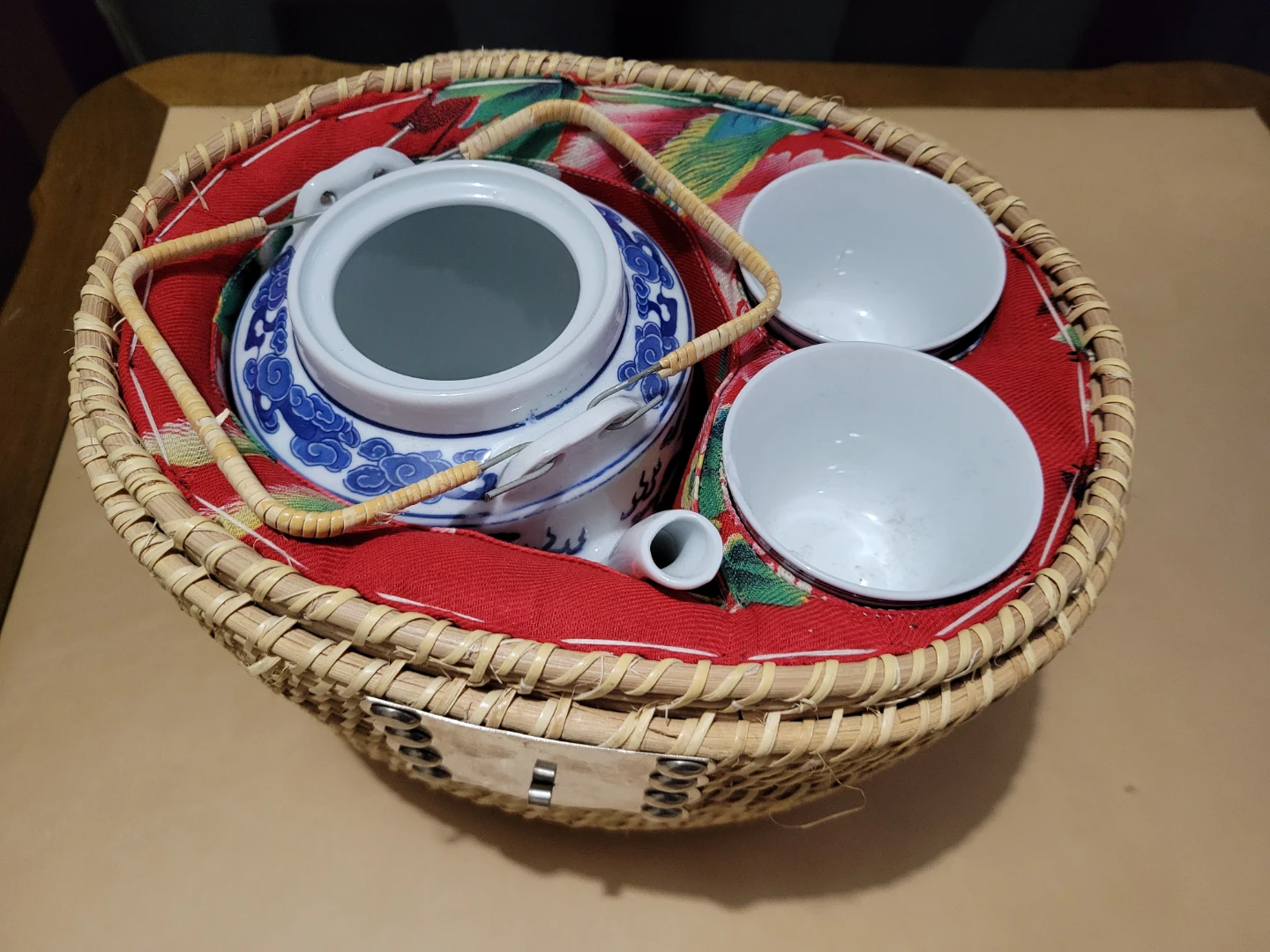 Vintage Chinese Dragon Tea Set with Woven Cozies Basket - photo 2