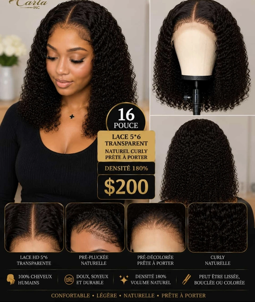 Perruque Carla Inc. Lace HD 5*6, 16 pouces, naturelle curly