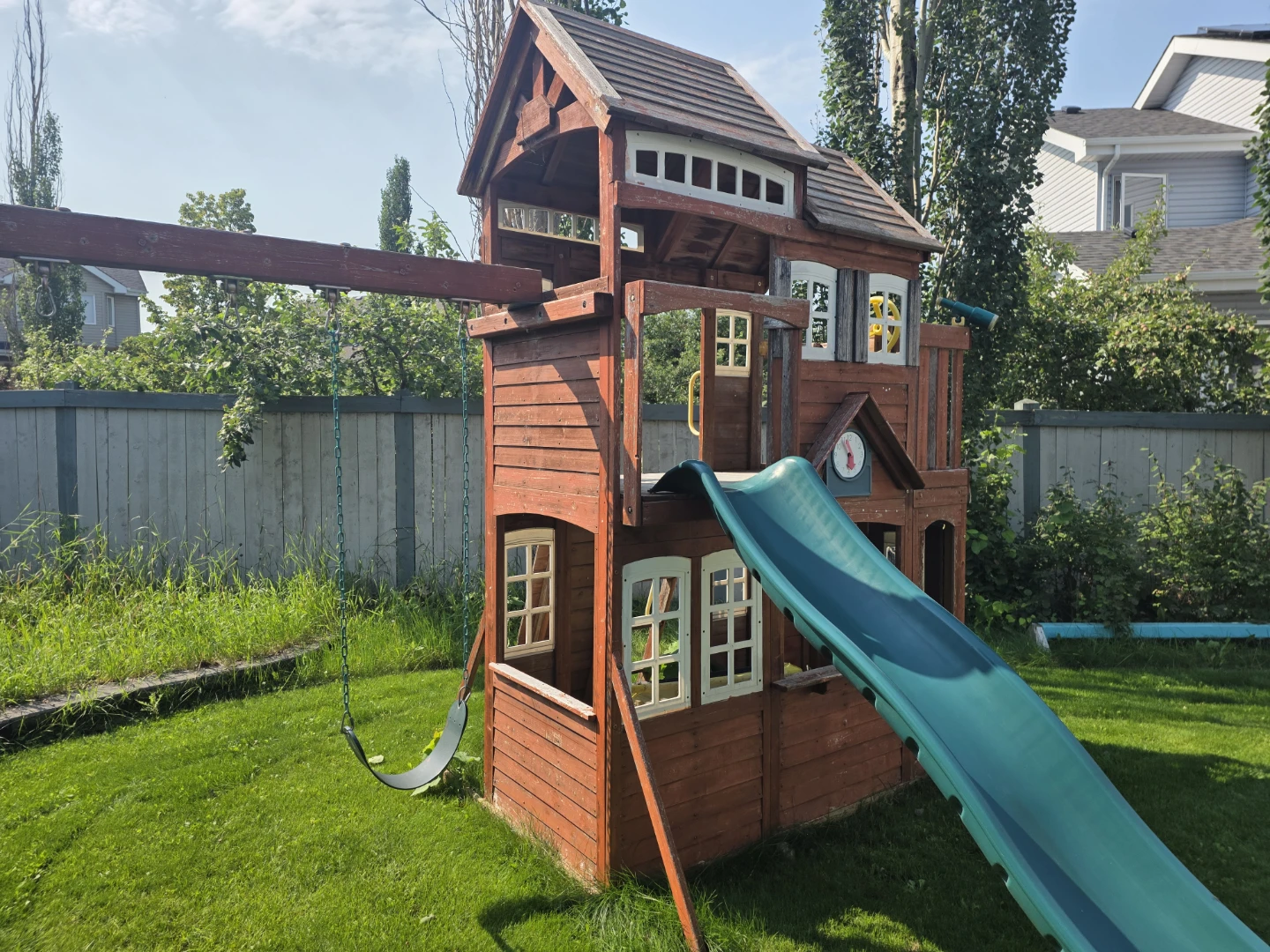 Wooden backyard playground with slide and swing - photo 2