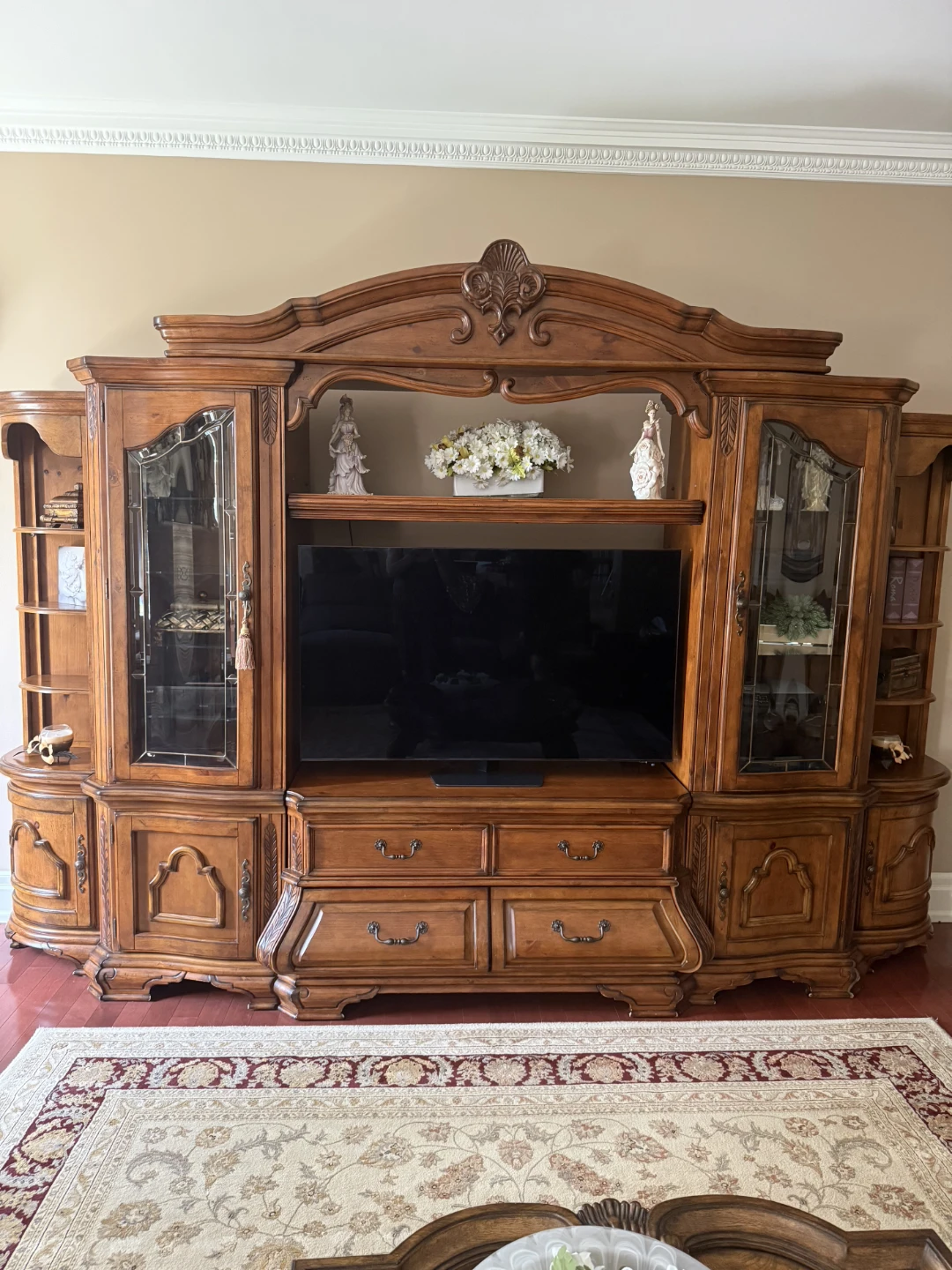 Large Wooden Entertainment Unit with Display Cabinets