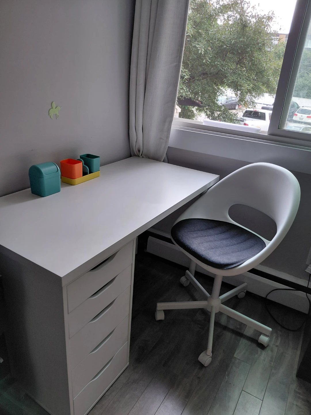 White IKEA Desk and Chair with Drawer Unit