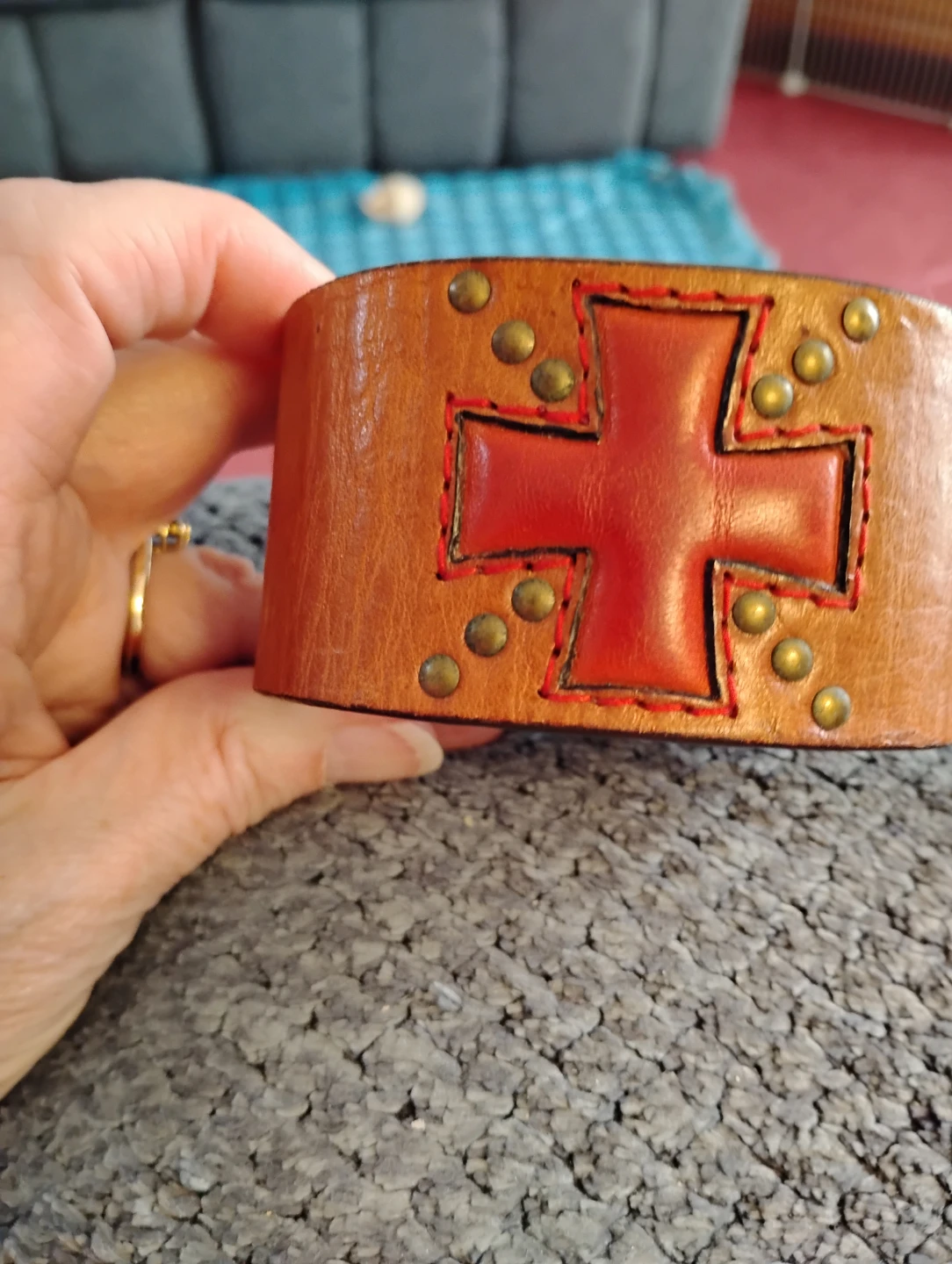 Leather Cuff Bracelet with Red Cross