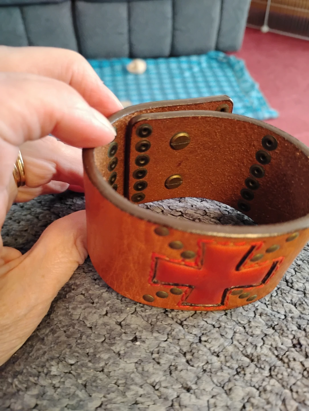 Leather Cuff Bracelet with Red Cross - photo 2