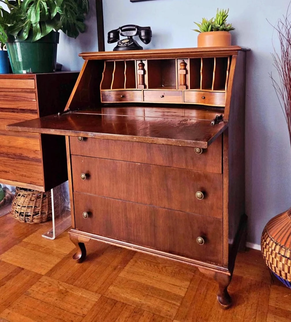 Antique Drop Down Solid Walnut Secretary Desk With 2 Drawers