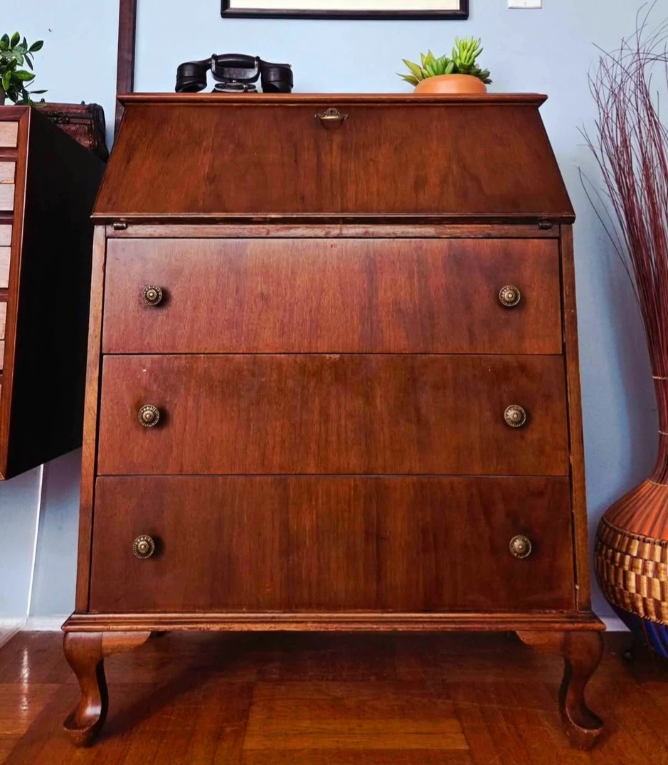 Antique Drop Down Solid Walnut Secretary Desk With 2 Drawers - photo 3