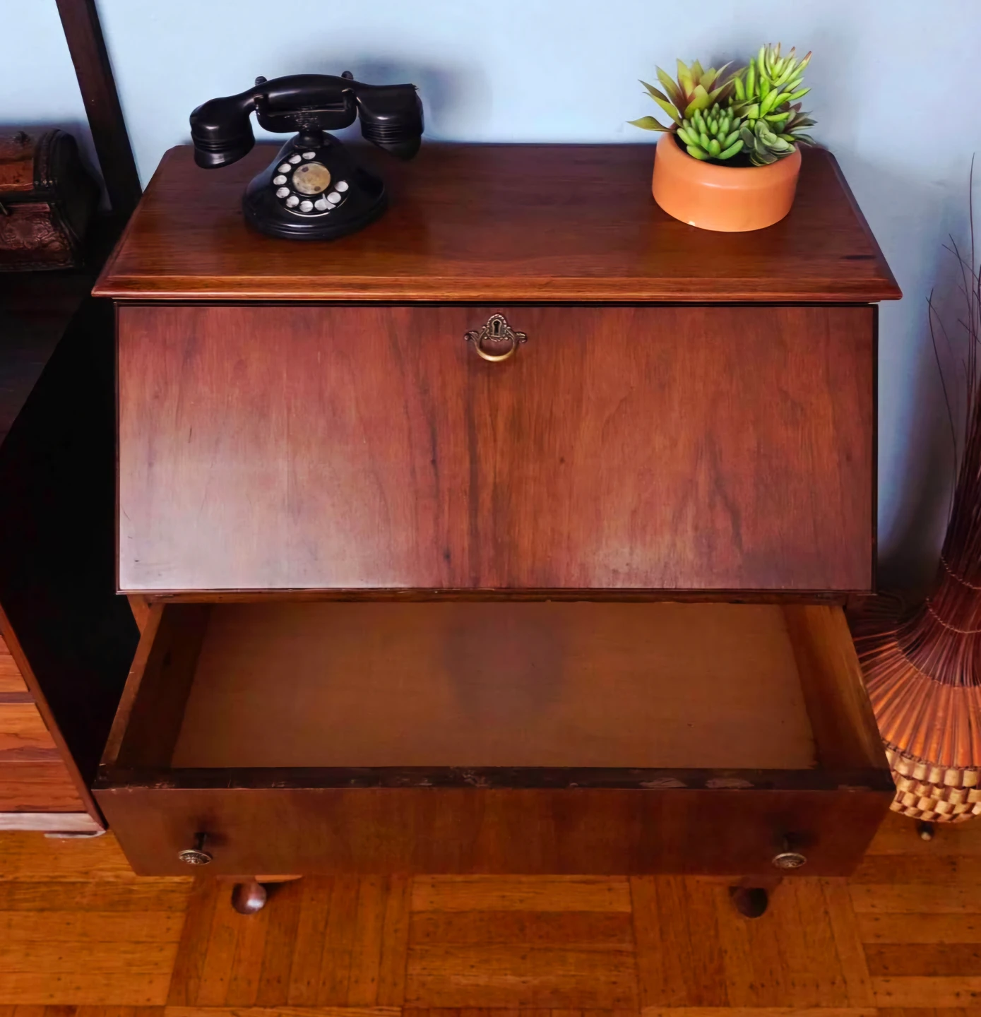 Antique Drop Down Solid Walnut Secretary Desk With 2 Drawers - photo 4