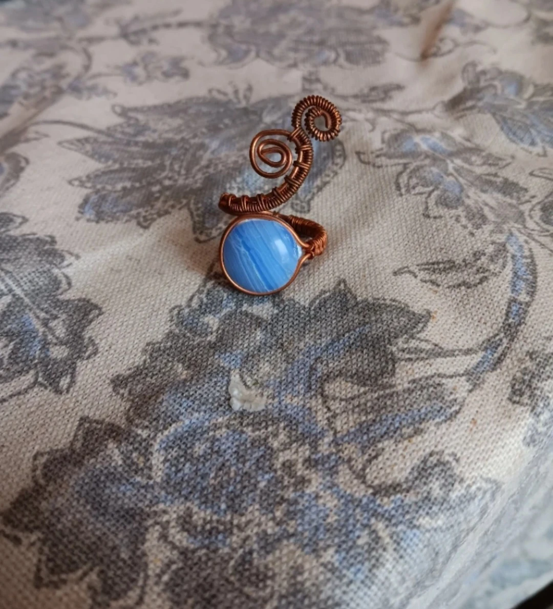 Copper Wire Wrapped Blue chalcedony Stone Ring