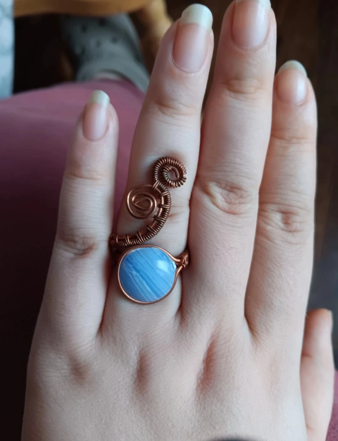 Copper Wire Wrapped Blue chalcedony Stone Ring - photo 2