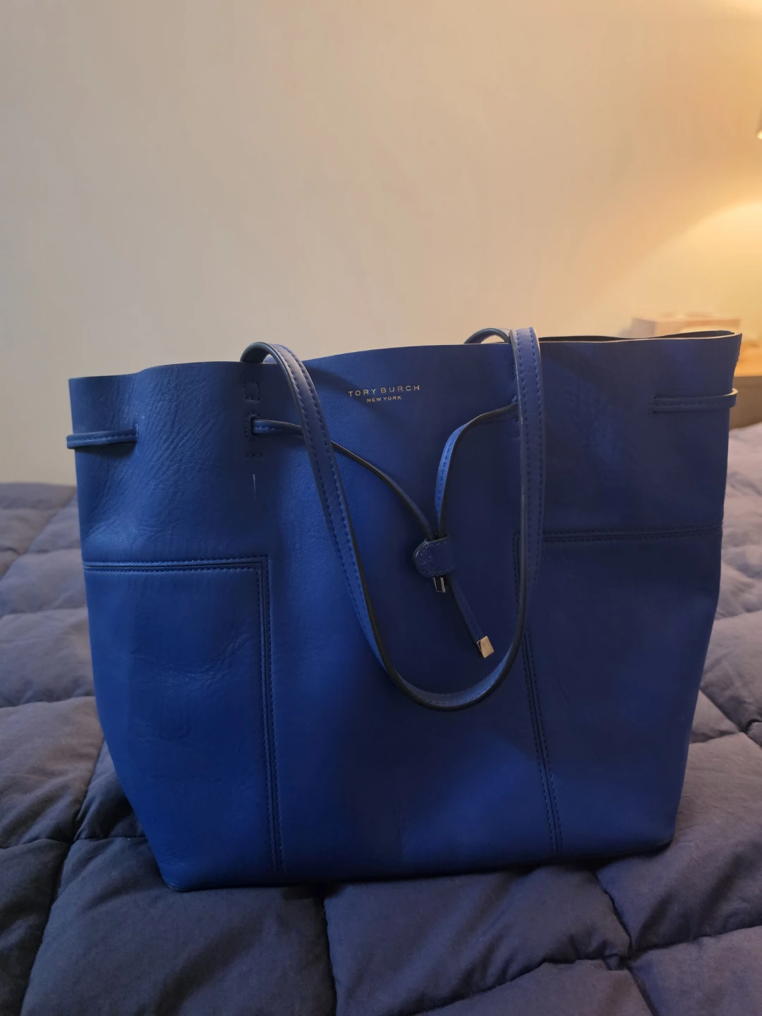 Tory Burch Block Blue Leather Tote Purse Bag
