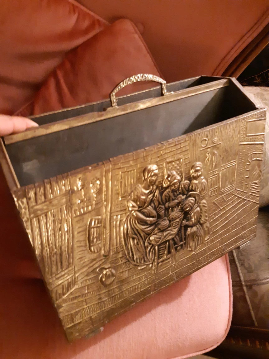 Vintage Brass Magazine Holder with Embossed Scene