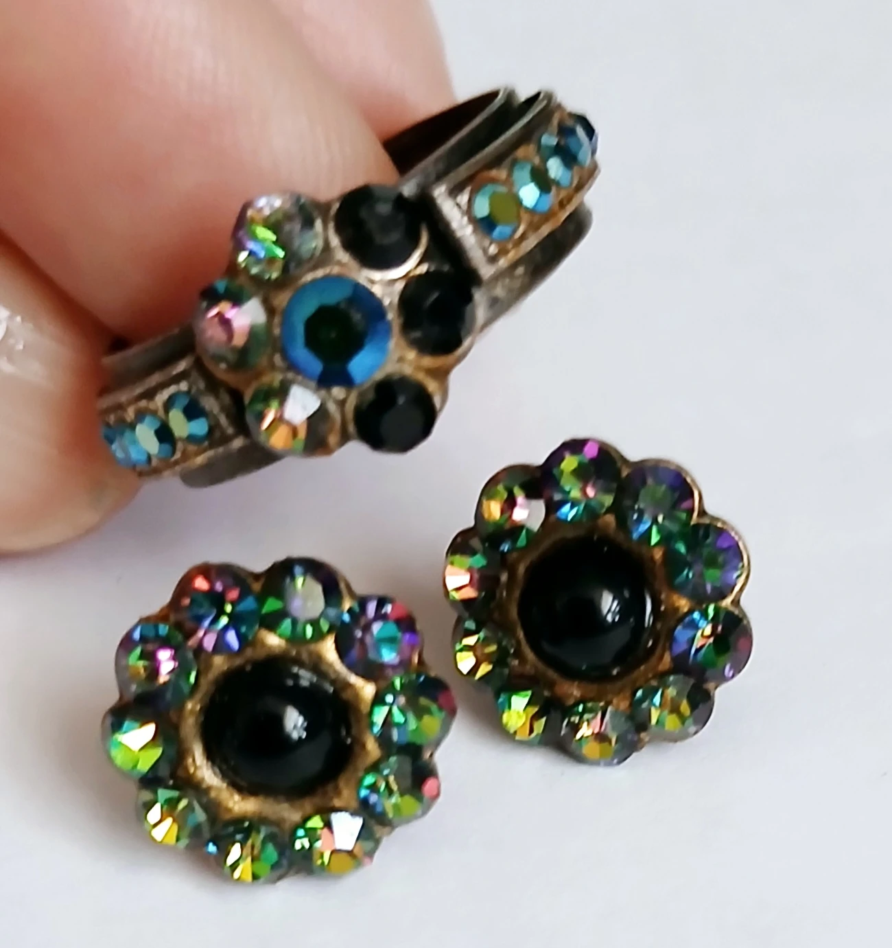 Vintage Rhinestone Ring and Earrings Set