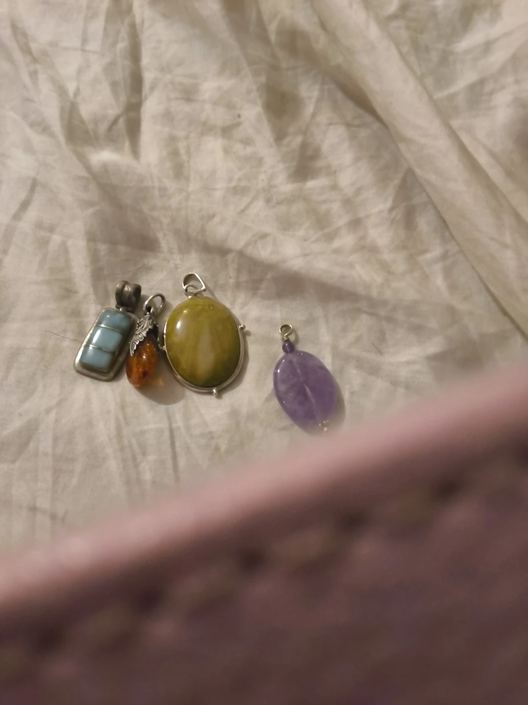 Lot of 4 Pendants - Turquoise, Amber, Jade, Amethyst