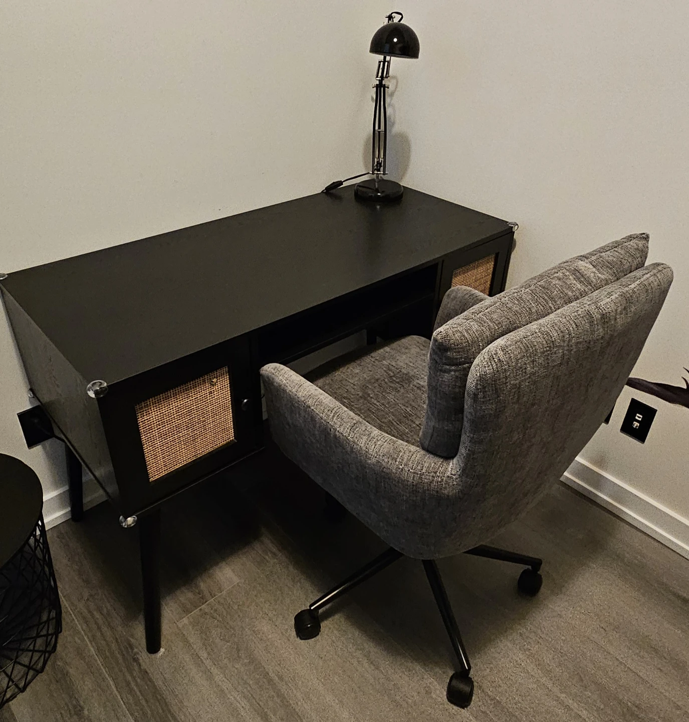 Black Modern Desk with rattan cabinet doors