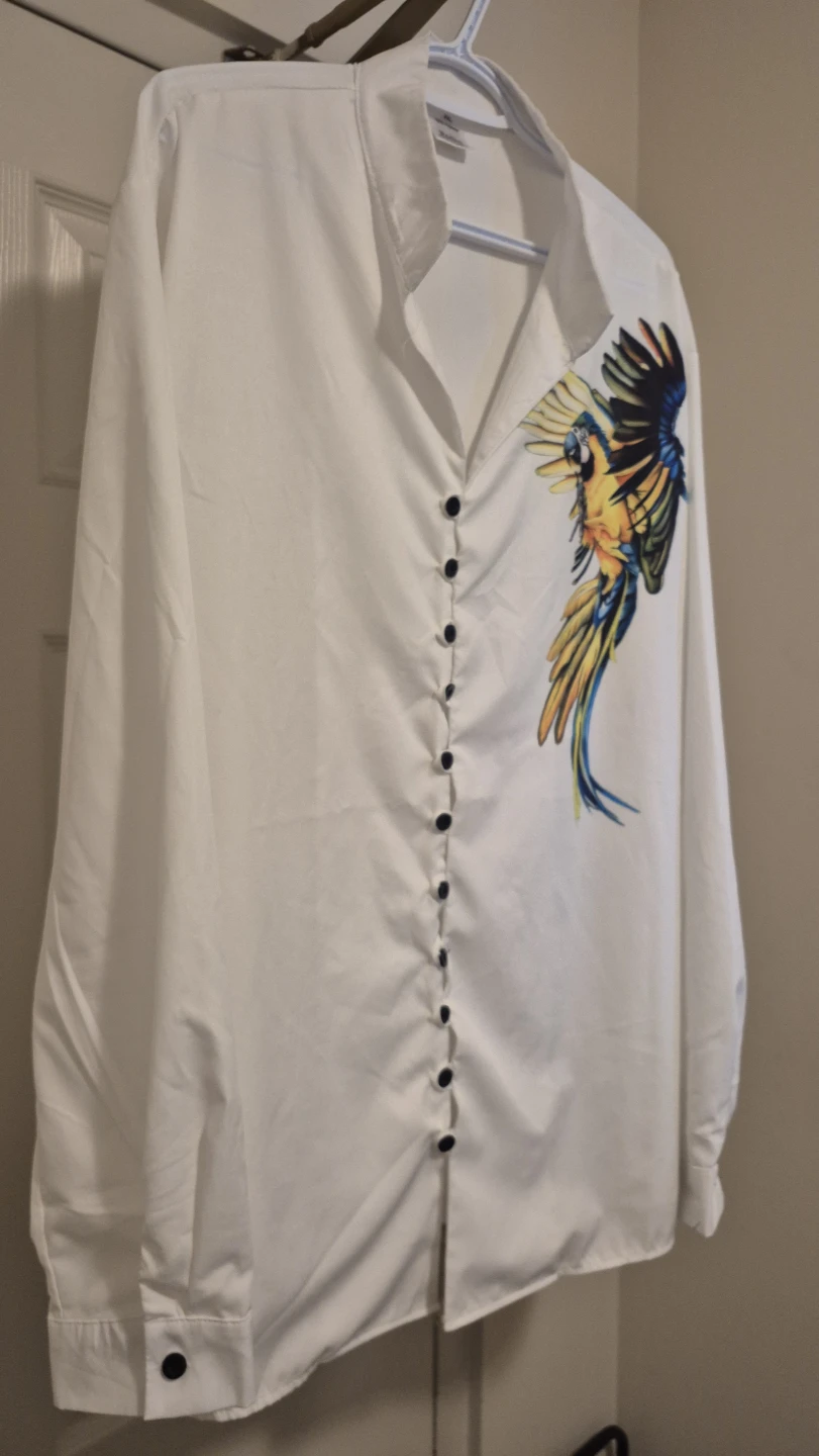 White Long Sleeve Shirt with Parrot Graphic