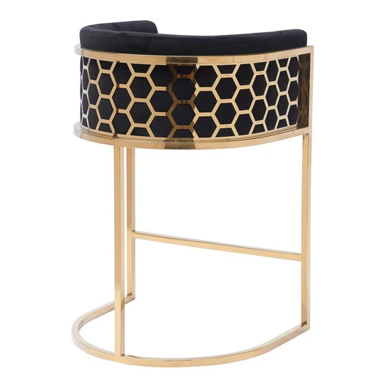 Black Velvet Bar Stool with Gold Hexagon Accent