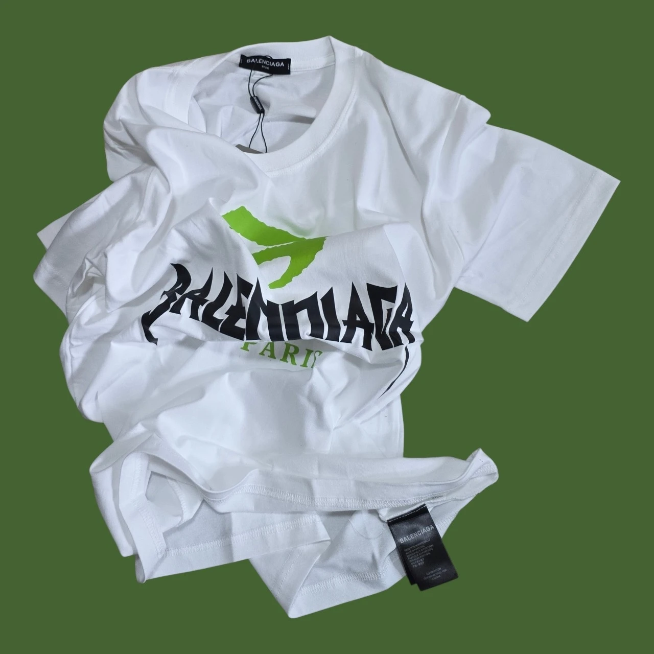 Balenciaga White T-Shirt with Green and Black Logo - Size M