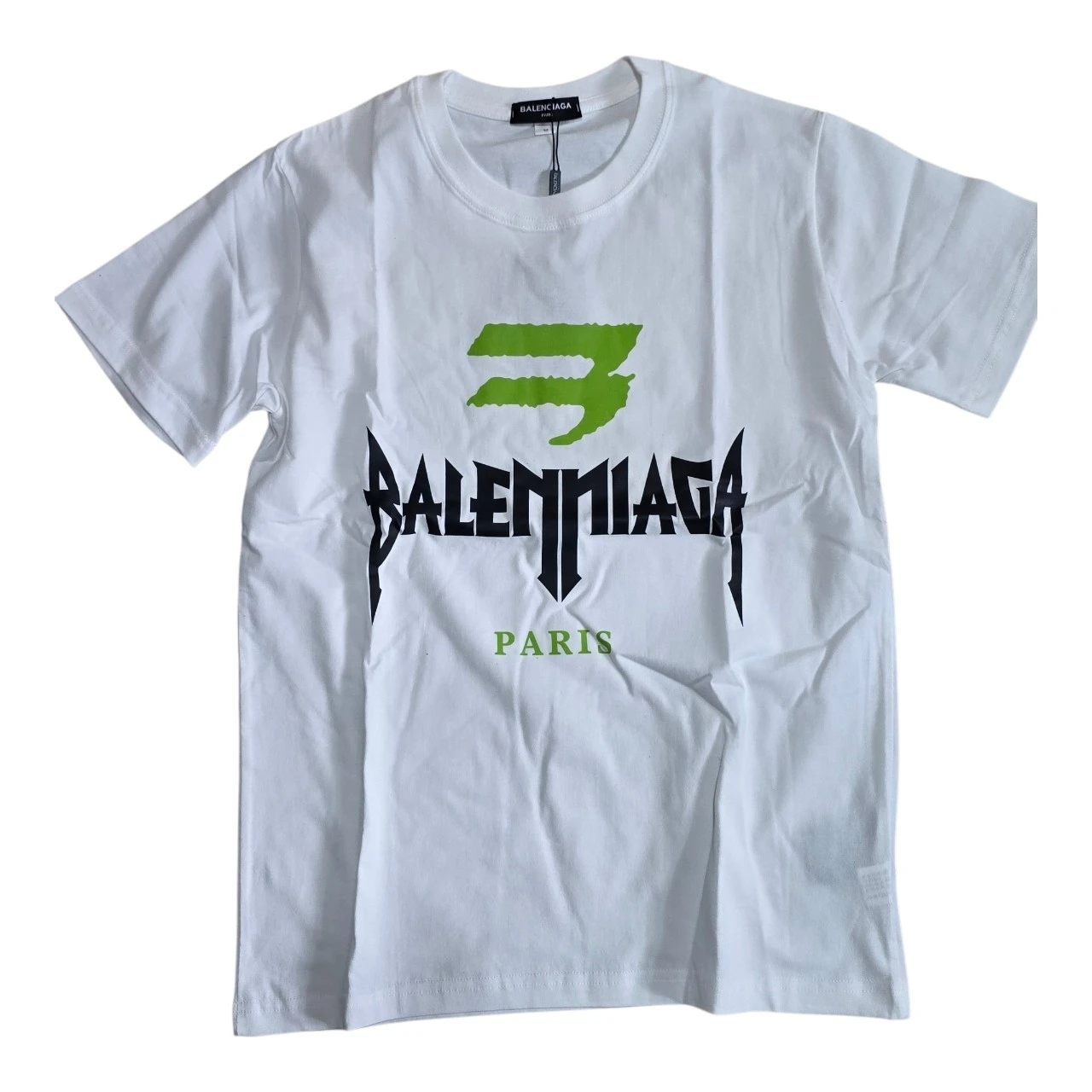 Balenciaga White T-Shirt with Green and Black Logo - Size M - photo 2