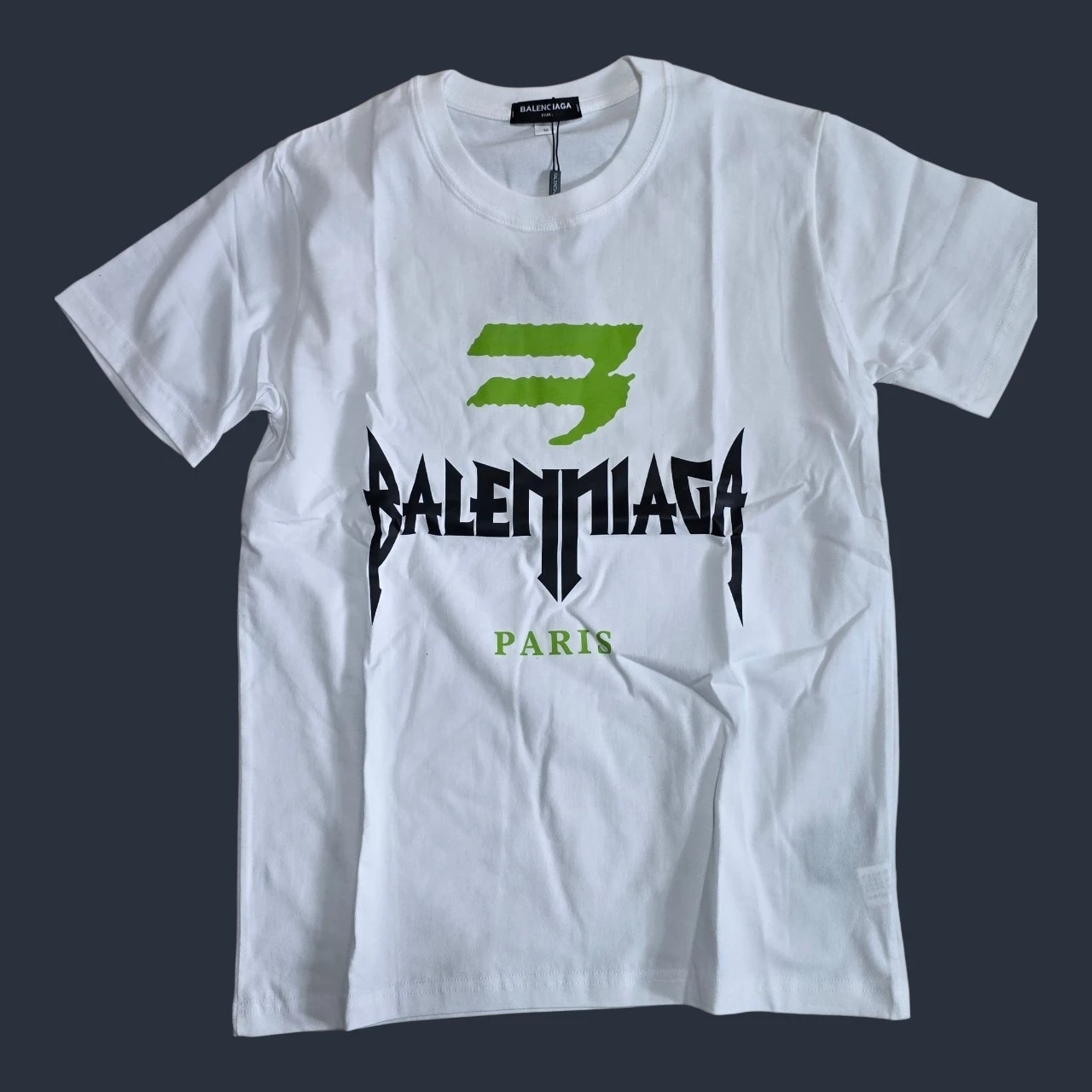 Balenciaga White T-Shirt with Green and Black Logo - Size M - photo 5