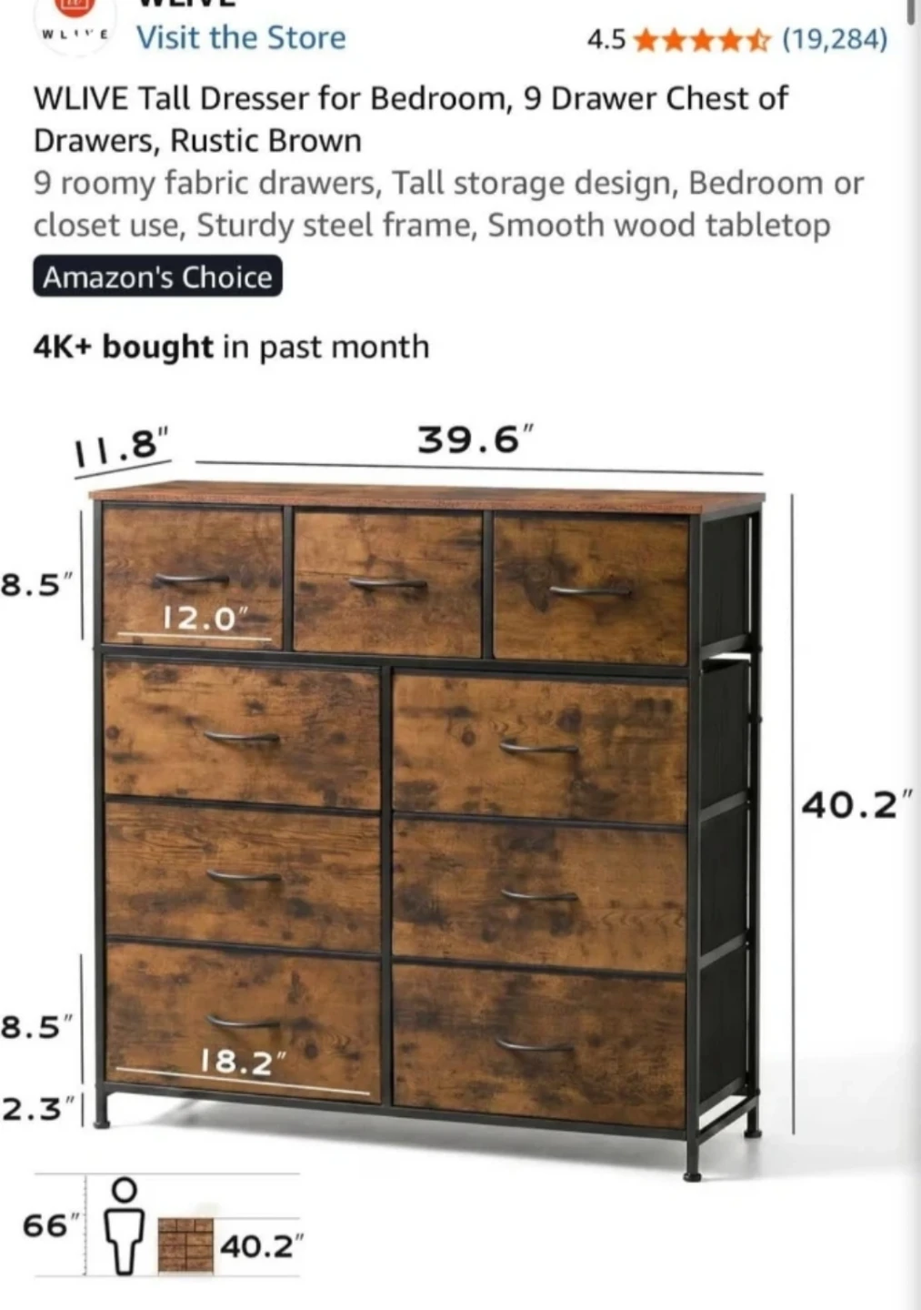 WLIVE Tall Dresser, 9 Drawer Chest, Rustic Brown - photo 3