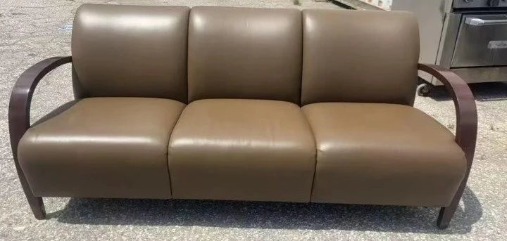 Brown Leather Sofa with Wooden Accents - photo 2