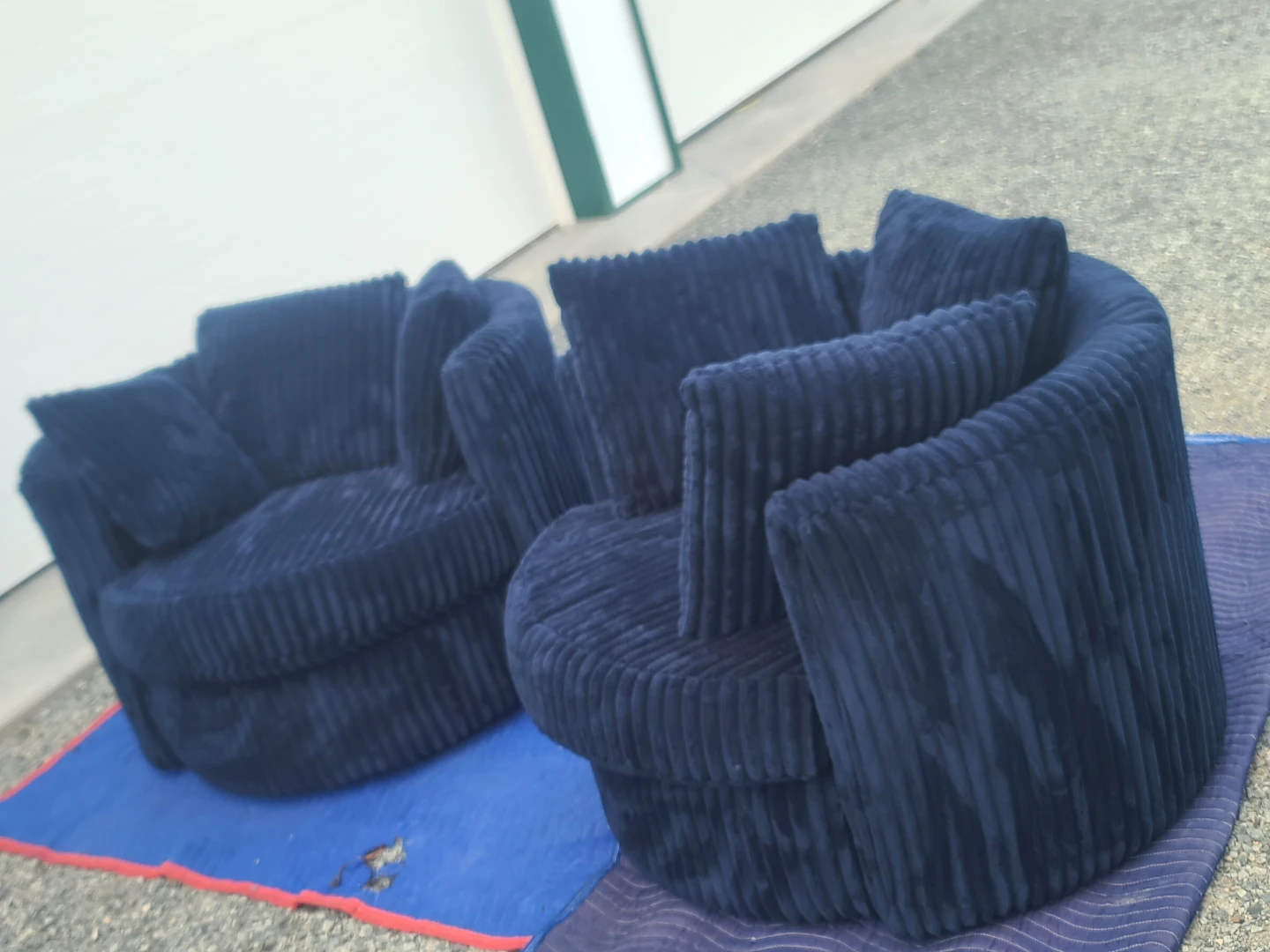 Pair of Oversized Swivel Barrel Chairs- Blue Jumbo Corduroy