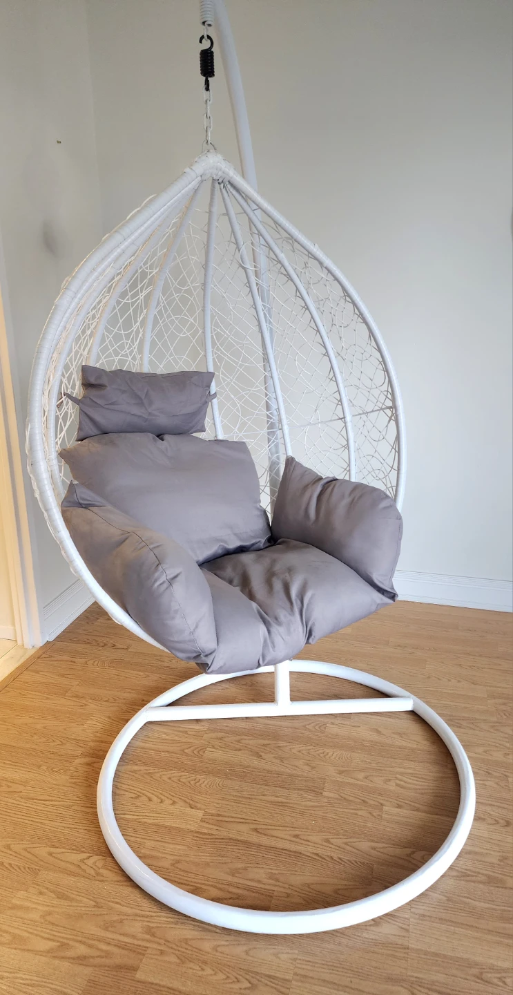 White Egg Swing Chair with Grey Cushions