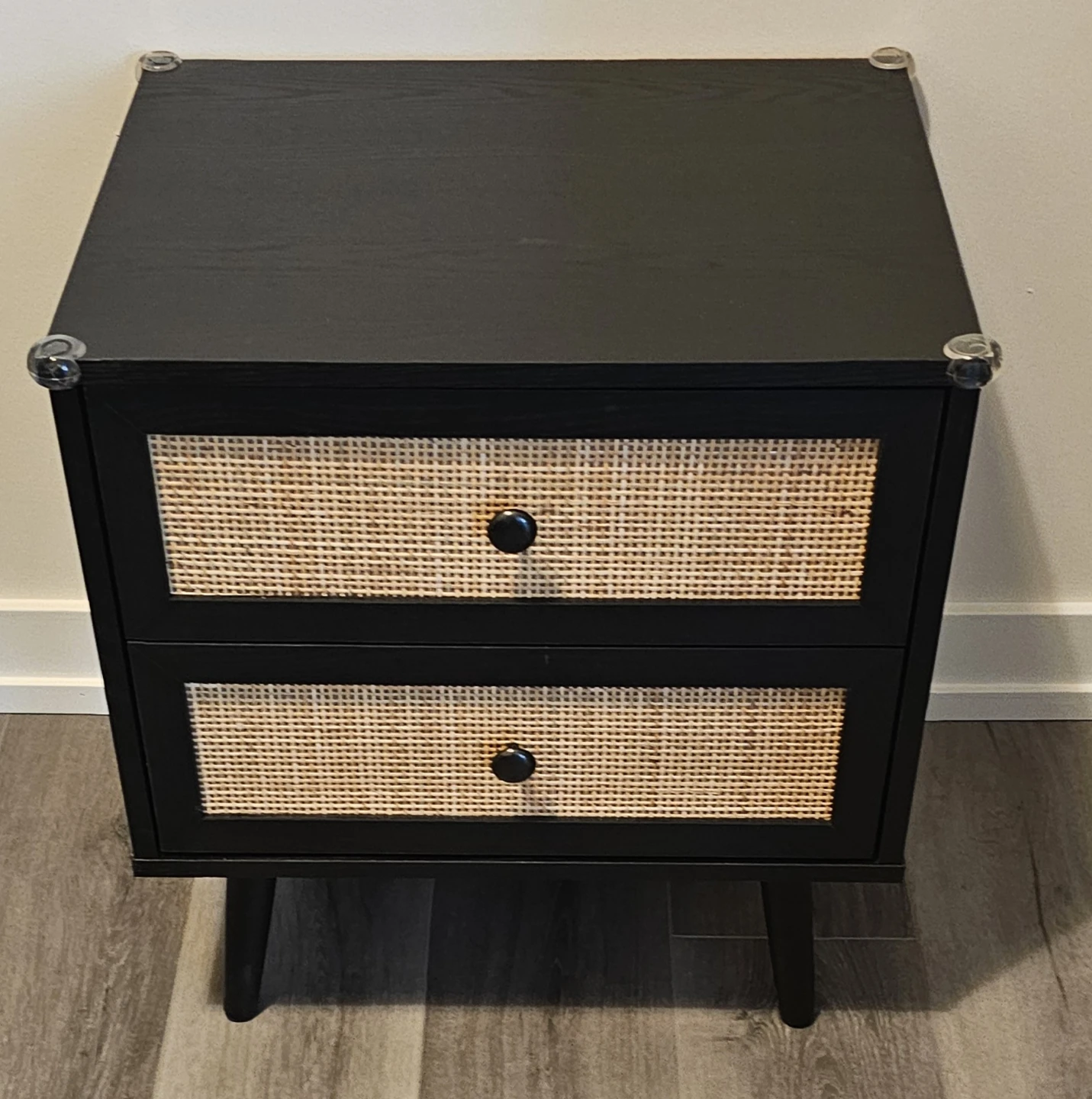 Black Two-Drawer Nightstand with Rattan Fronts