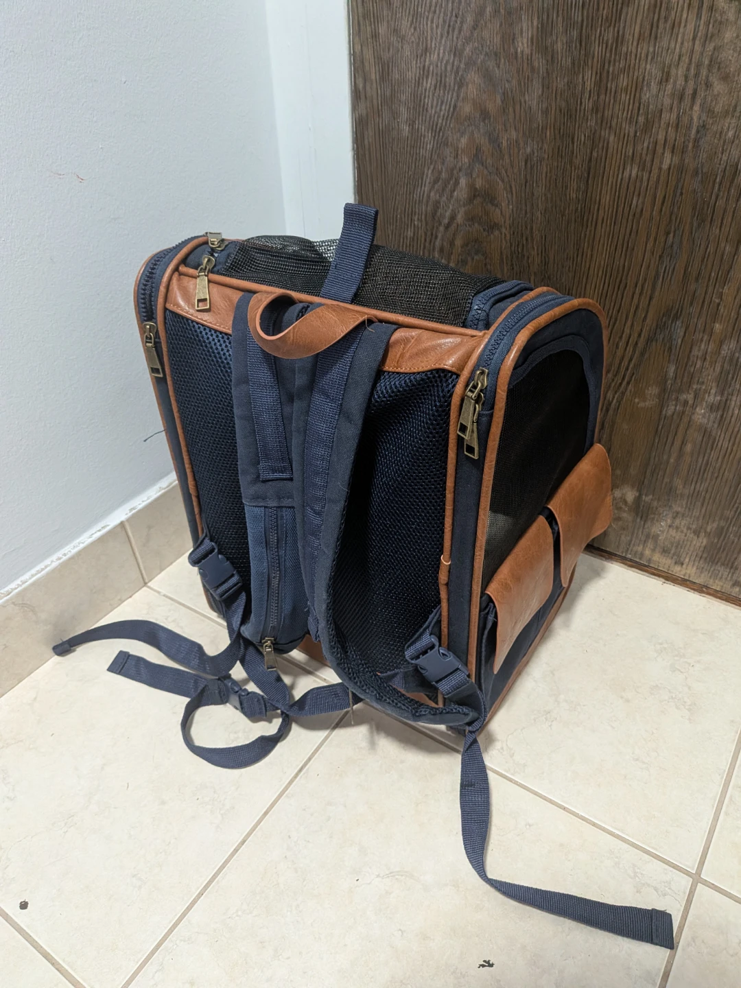 Navy Blue Pet Carrier Backpack with Brown Accents - photo 3