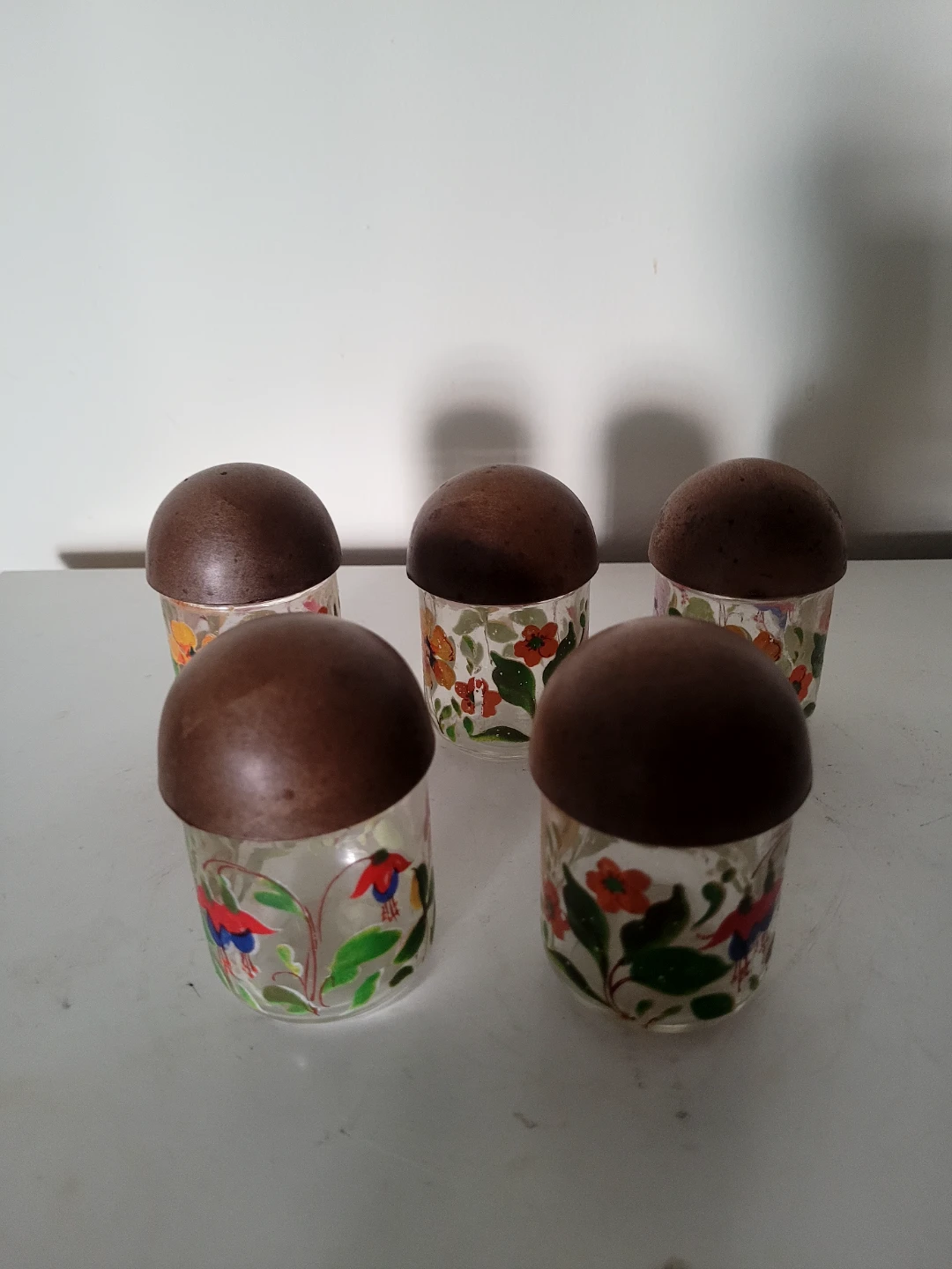 Set of 5 Vintage Glass Spice Jars with Mushroom Lids bingo - photo 3