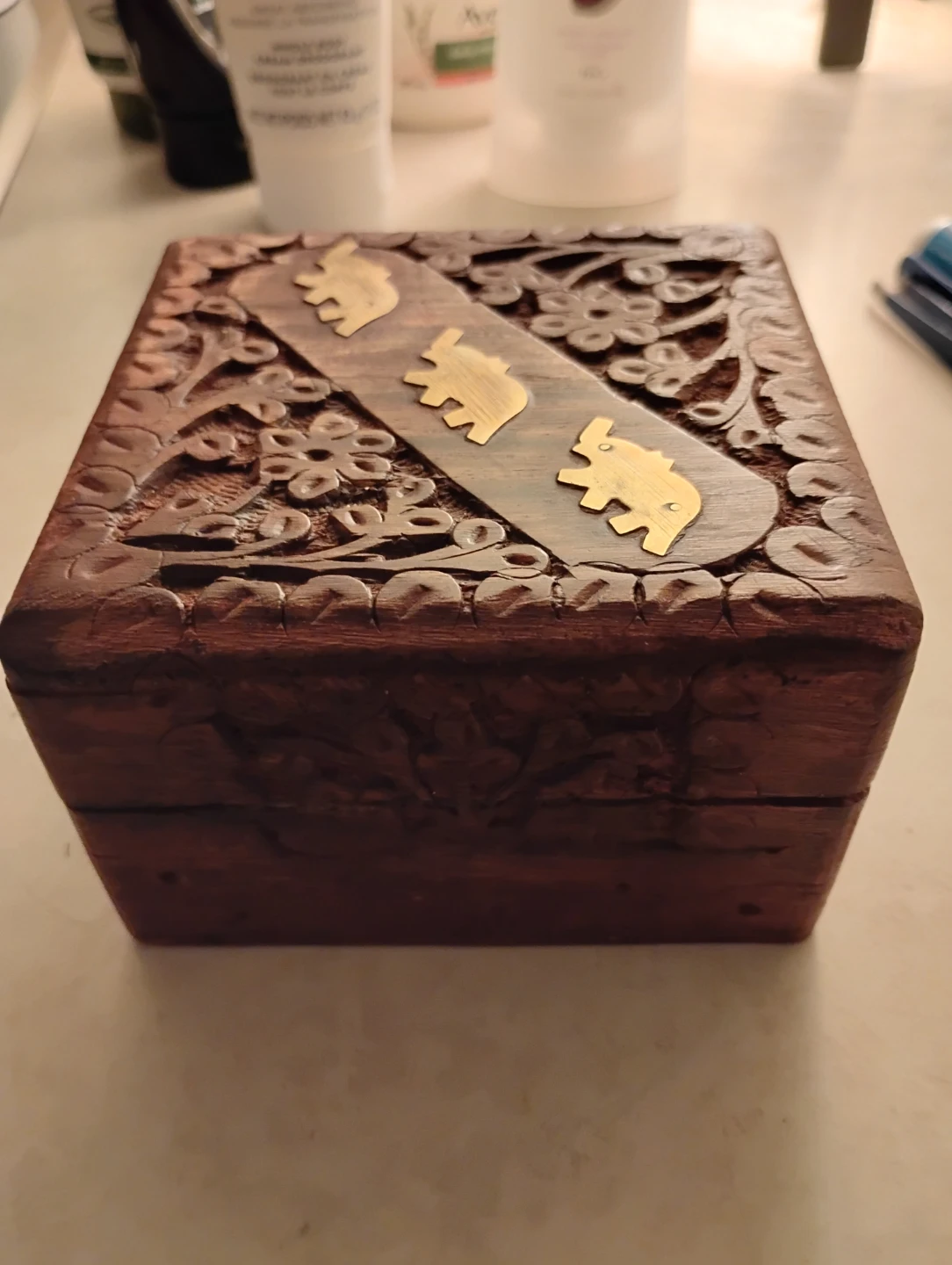 Carved Wooden Trinket Box with Elephants
