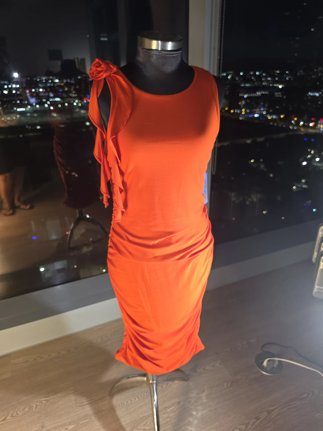 XL Orange Ruched Dress with Rose Detail