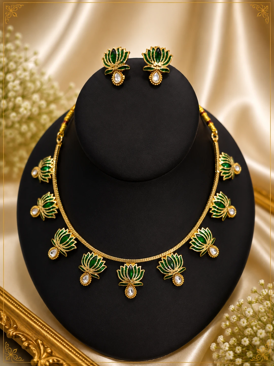 Elegant Lotus Necklace Set – Pink & Green
