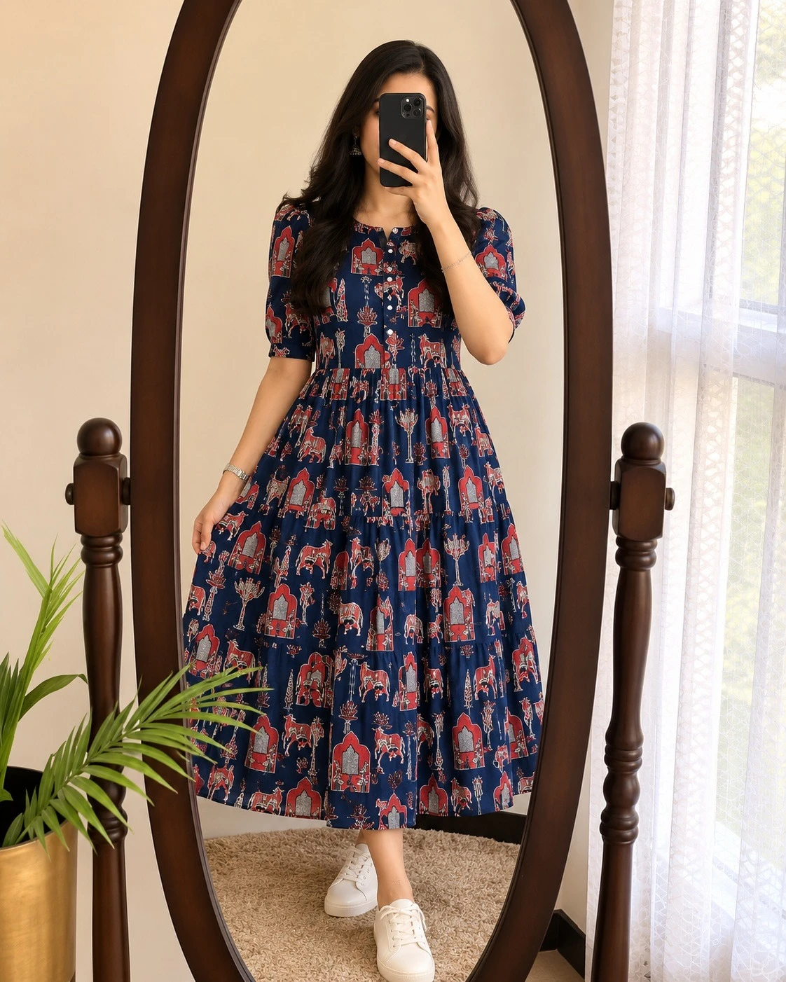 Blue Tiered Dress with kalamkari print